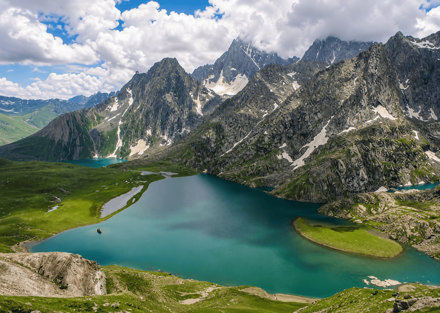 Aerial view of the Kashmir valley's lakes and ranges