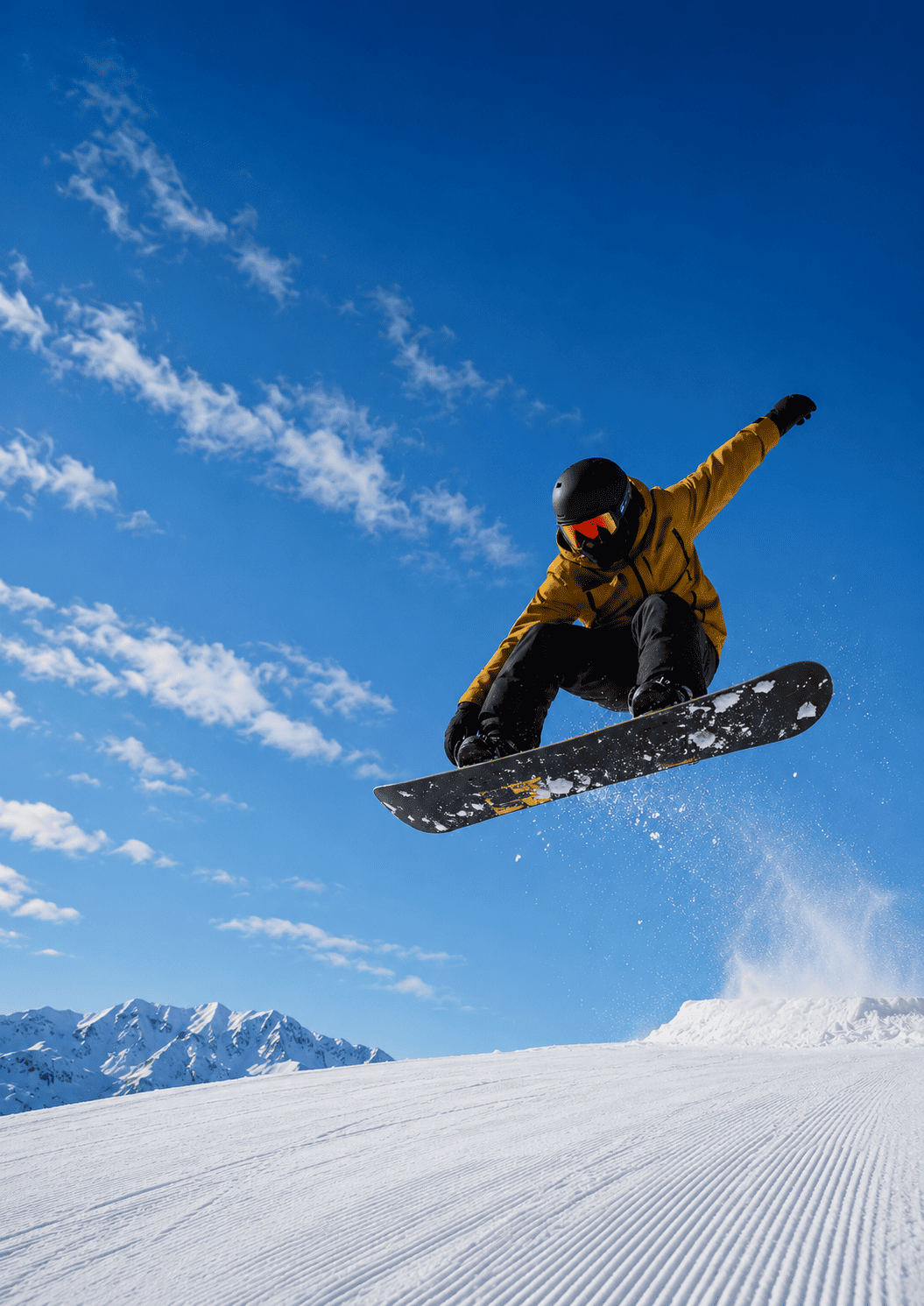 Snowboarder launching off a Gulmarg slope against a blue sky