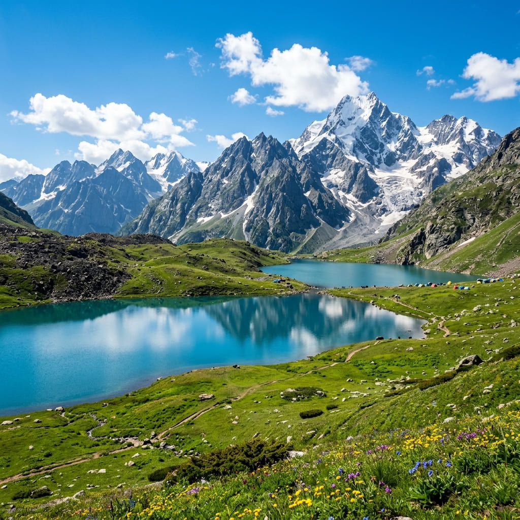 Chain of turquoise alpine lakes along the Kashmir Great Lakes trek