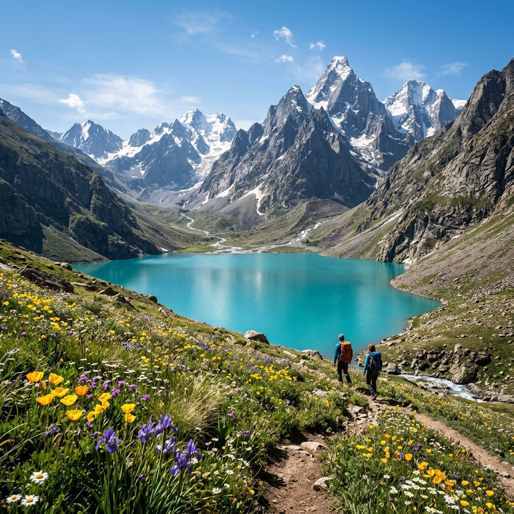 Tarsar lake curving beneath a rocky ridge